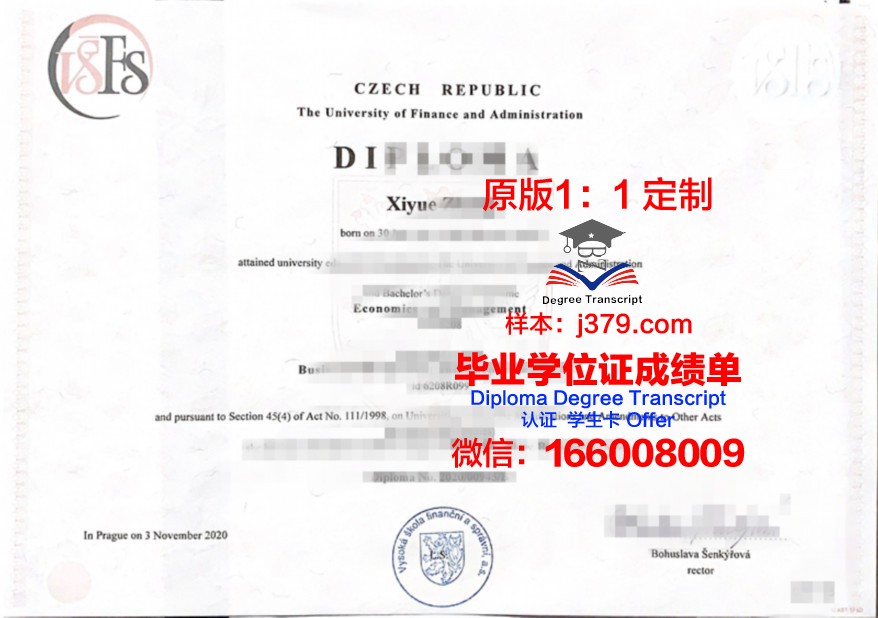 捷克布杰约维采南波西米亚大学毕业证封面(捷克布杰约维采技术与商业学院)